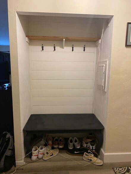 Updated Foyer coat closet with shiplap - 500 Campbell Cir