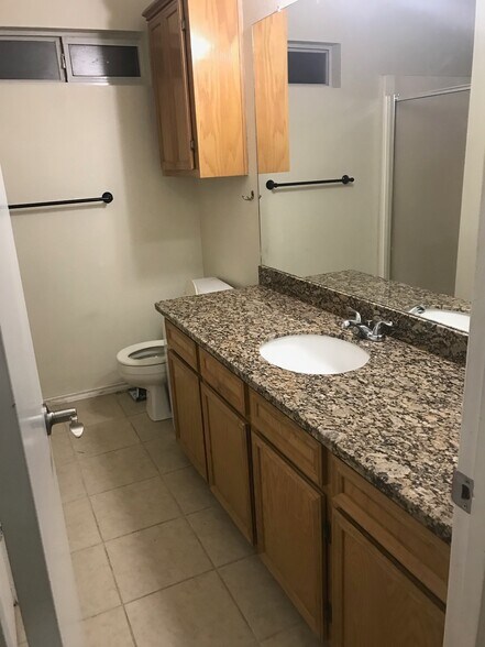 Master bedroom bathroom with new counter top, faucet, shower head. - 1801 Lexington Circle