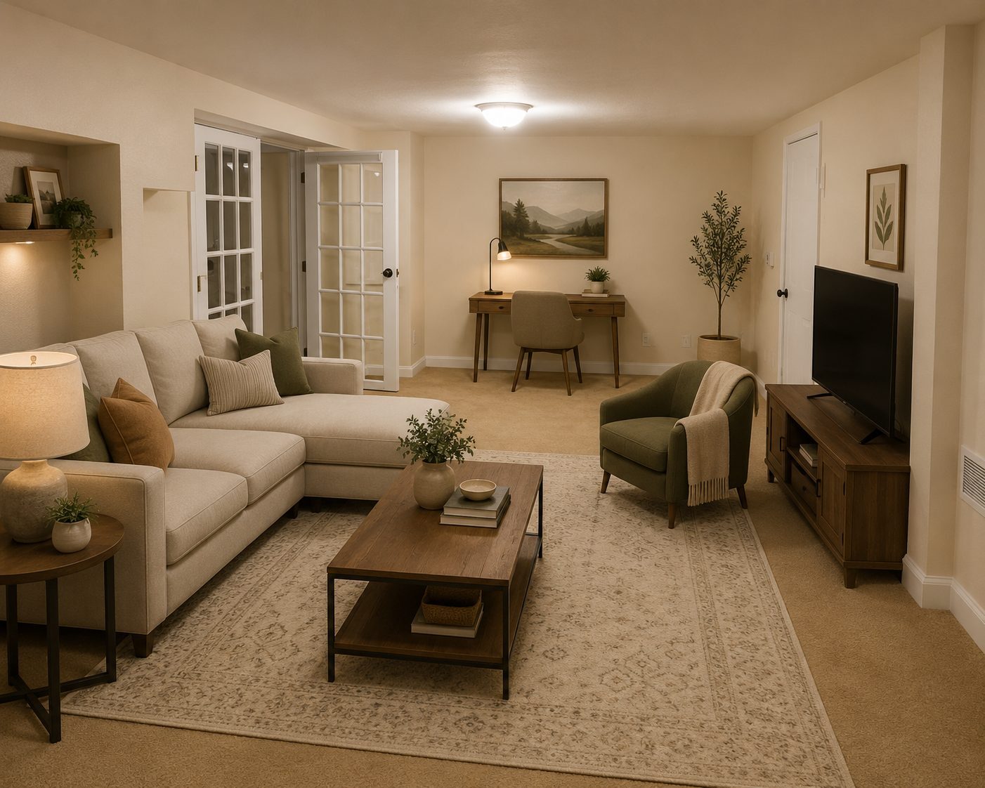 family room with AI-simulated furniture - 4970 Wyandot St