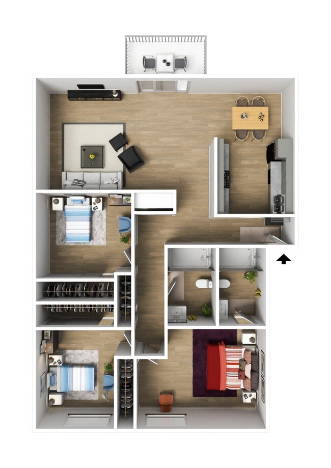 Elegant 3D floor plan showcasing two spacious bedrooms, a stylish open-concept living and dining area, a modern kitchen, and two bathrooms, perfect for comfortable living. - University Village