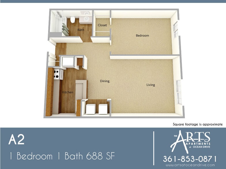 A2 1 Bedroom 1 Bath 688 SF - The Arts at Ocean Drive