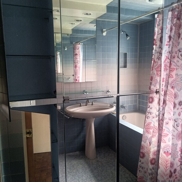 Bathroom has mirrored installed shelving with press close mechanisms - 29 Ogden St