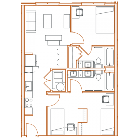 B1 Floor Plan - 2 Bedroom, 2 Bath | 3 Residents - Point North