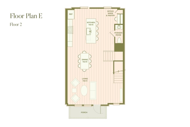 Charming second-floor plan E highlighting a spacious kitchen, dining area, and cozy living room with access to a welcoming porch. - Fenland Townhomes