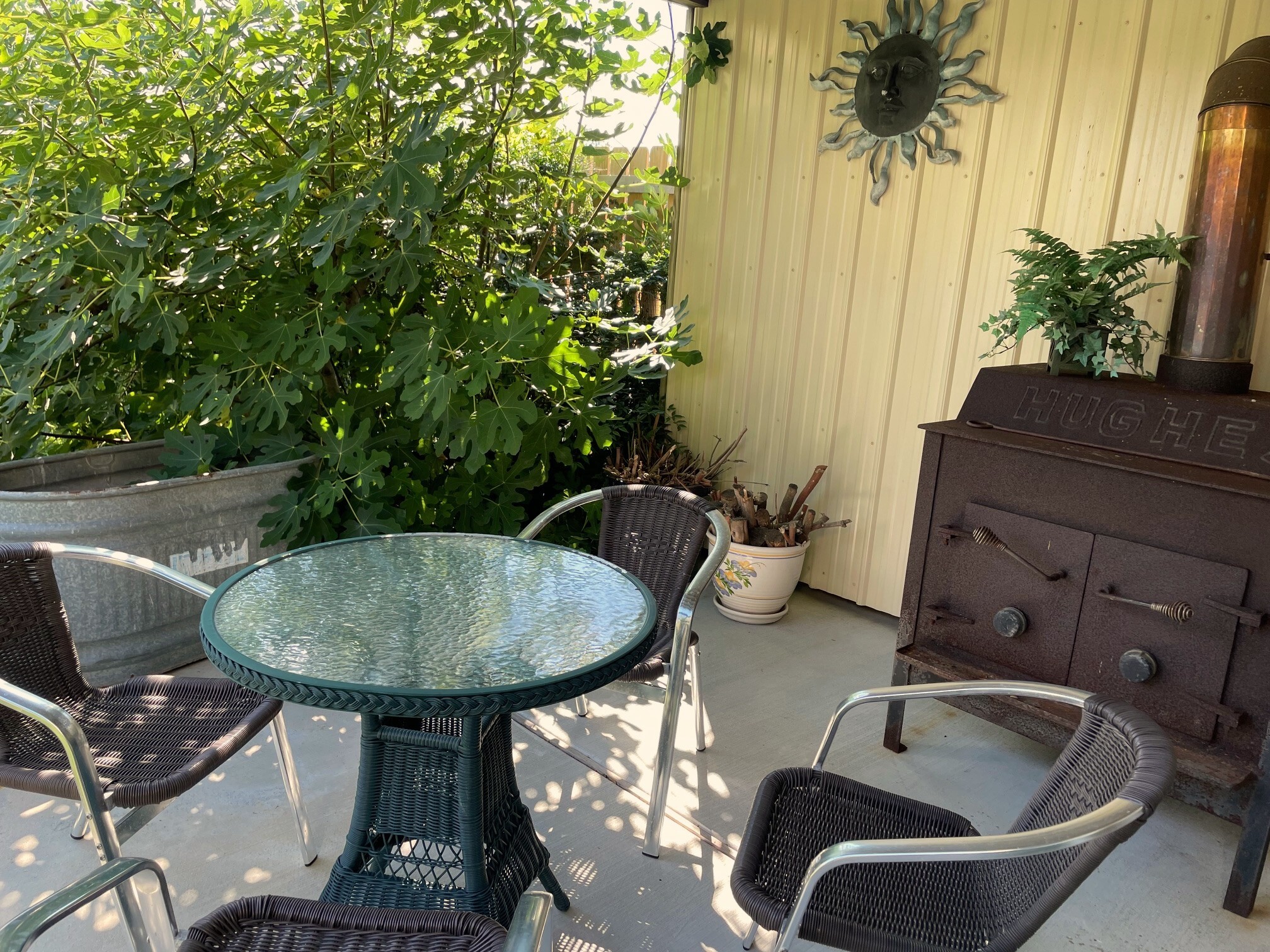 Table and 4 chairs, plus cookstove, next to fig trees.. - 31312 Rd 280B
