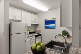 Clean, updated kitchen design with modern finishes and plenty of storage. - Courtyard North Apartments