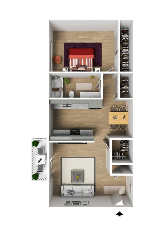 Modern 2D floor plan featuring a spacious bedroom, a contemporary kitchen with dining area, and a cozy living room, complemented by sleek wardrobes and a stylish bathroom. - University Village
