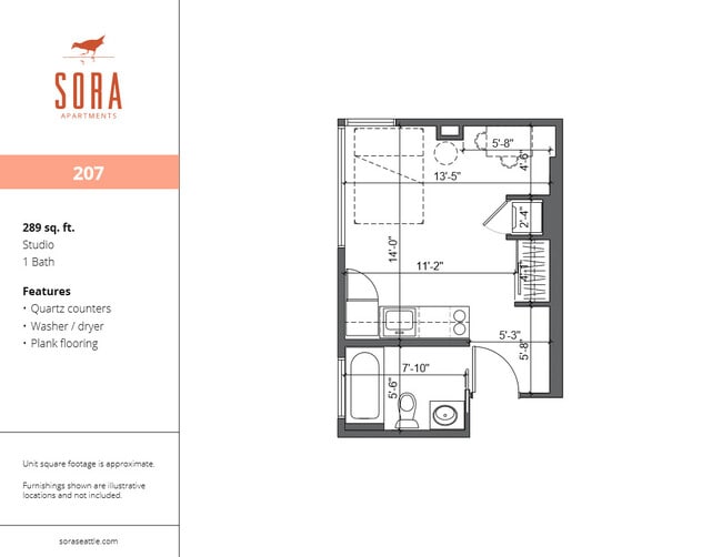 Unit 207 - 289 SQFT - Sora Apartments