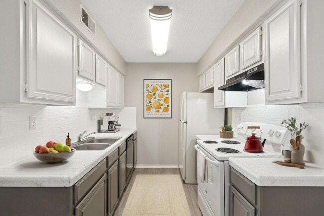 A chef's kitchen is shown with white and black appliances, red tea kettle on stove, and bowl of fruit on the counter. - ReNew Holiday Hill®