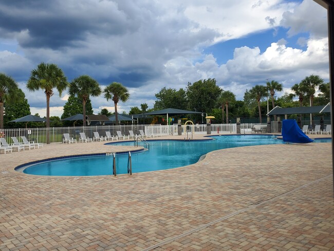 Pool with shaded chairs and tables with loungers - 1256 Standridge Dr