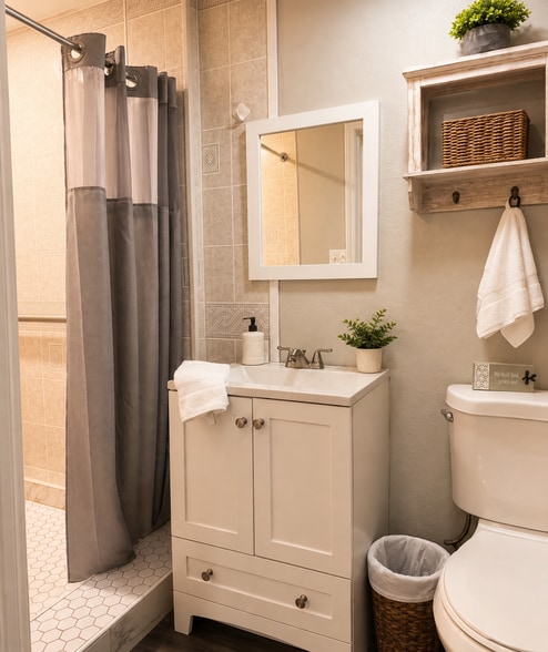 Modern bathroom featuring a spacious tiled shower and stocked with fresh towels. - 1115 Henrietta Dr