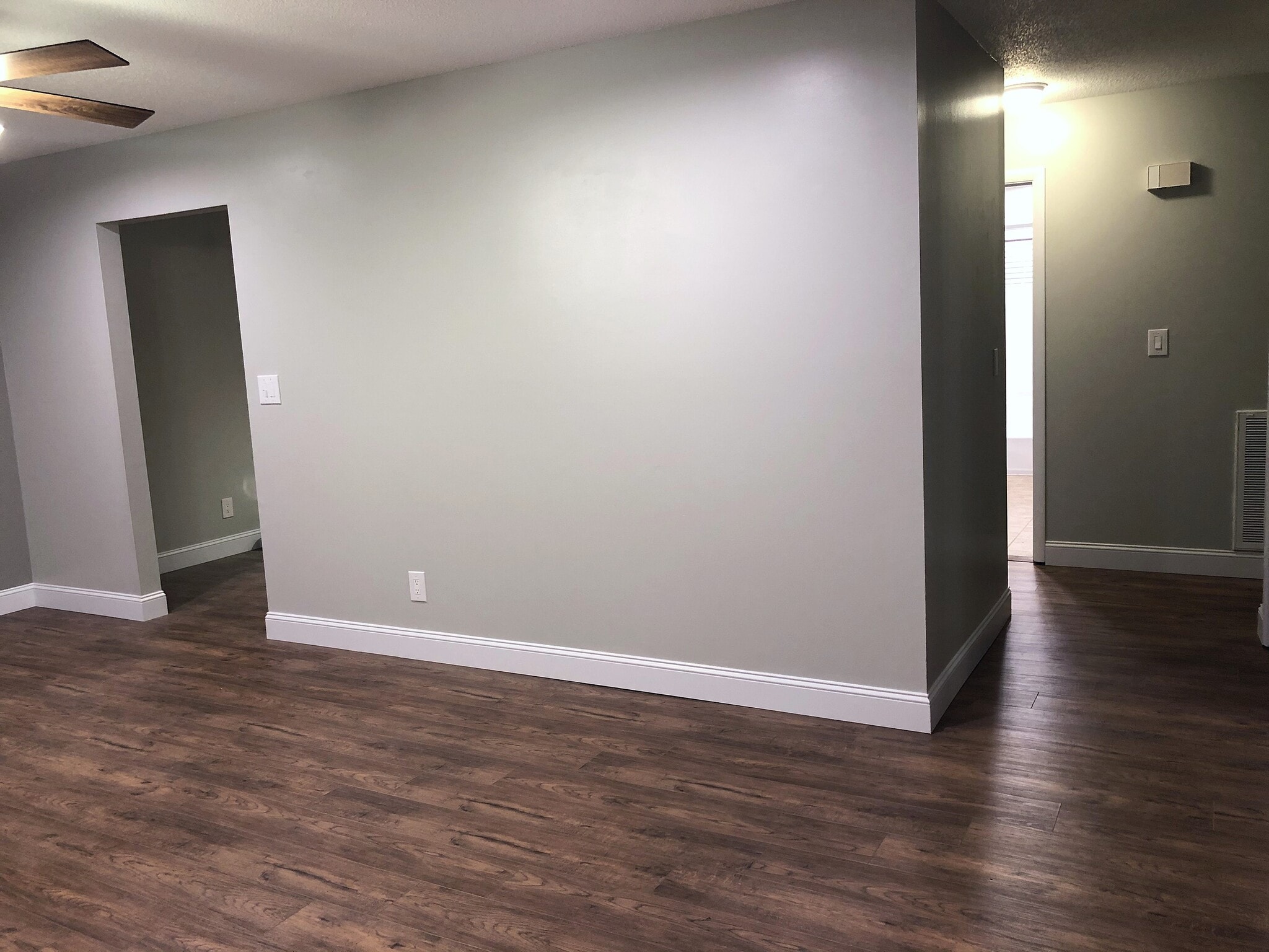 Living room wall w/ the entrance to the kitchen and hall. - 3413 Lisa Dr