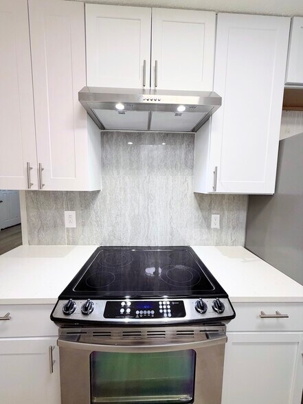 Flat cook top with led overhead venthood, quartz countertops - 7501 April Ln