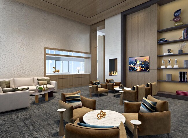Clubroom with gathering space, multi-sport simulator, and outdoor terrace in Nashville’s South Gulch neighborhood. - Modera McGavock
