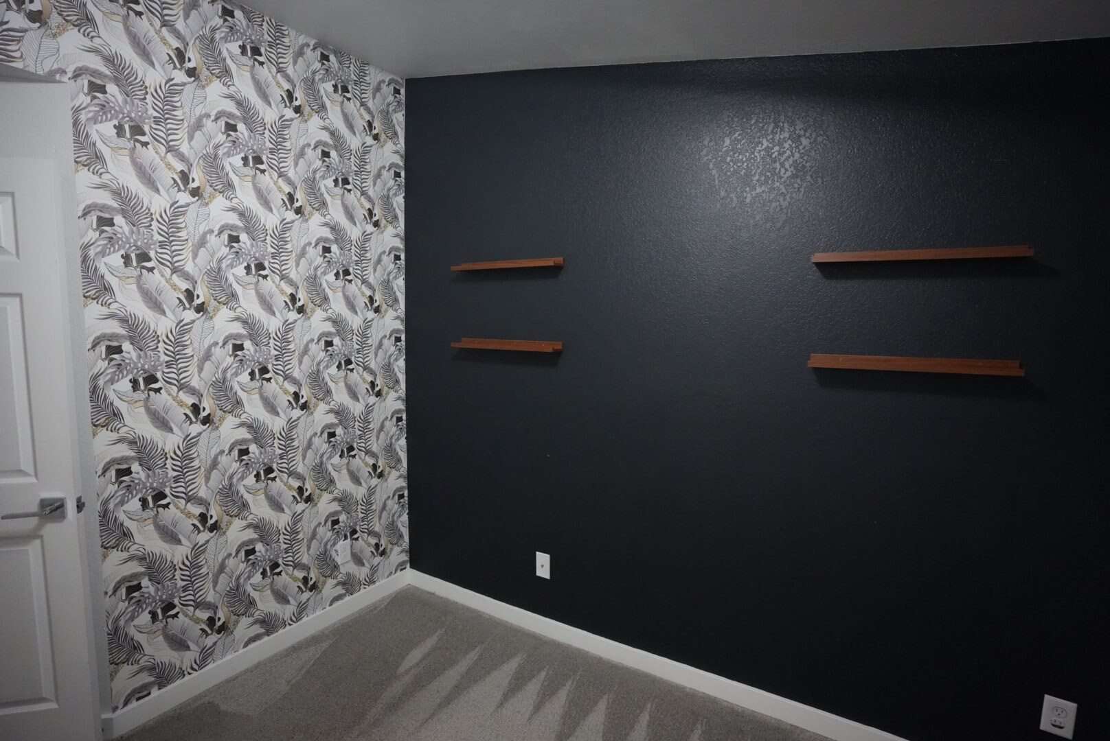 White walls with black accent and shelves, and wall paper - 23410 18th Ave S
