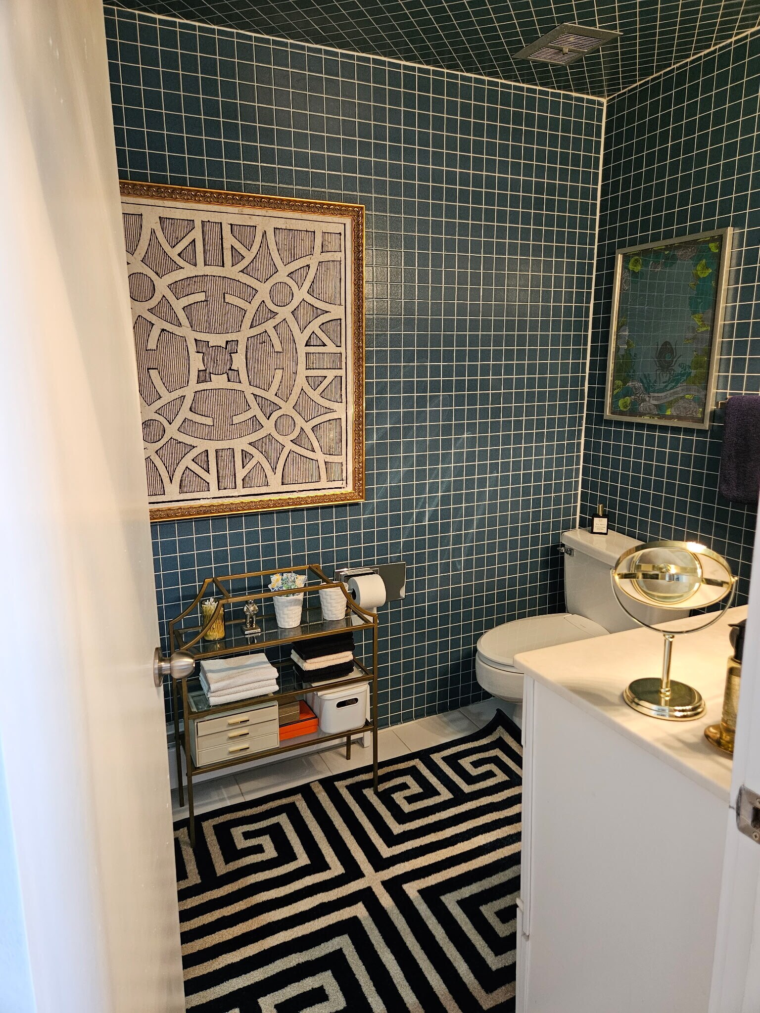 fully tiled bathroom with marble topped 48 inch sink base - 1301 Rogers Rd