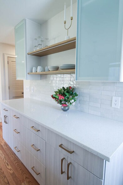 Beautiful ceramic tile backsplash with open shelving and under shelf lighting - 2406 Boswell Rd