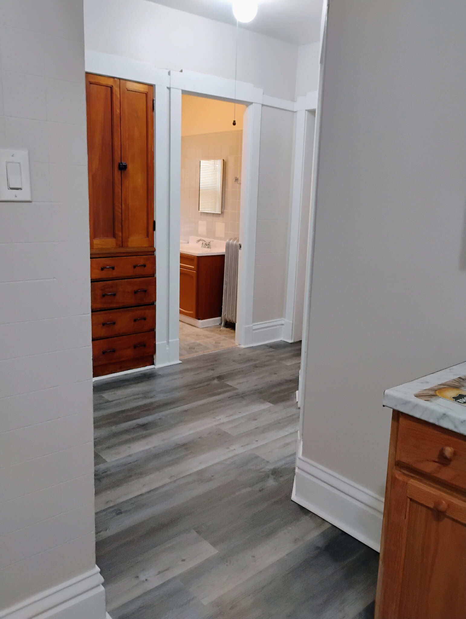Hallway in between 2 Bedrooms and Bathroom leading into Kitchen Area - 4741 N Troy St