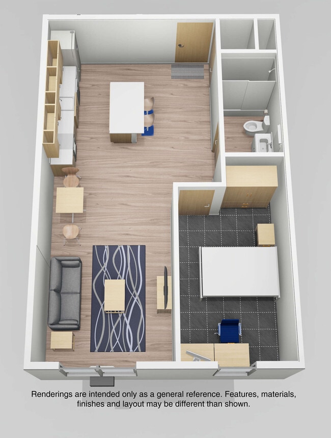E1 Single B - 1bd/1person (rendering) - The Elements
