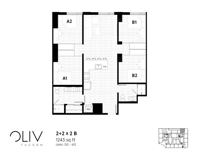 Two bedroom floor plan - oLiv Tucson