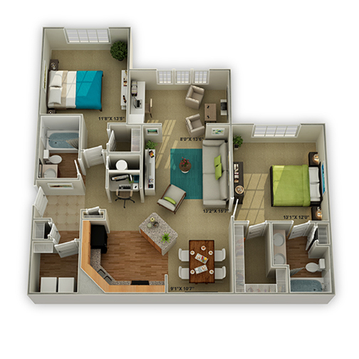 The Brookstone with Shower Two Bedroom Floor Plan - Walden at Oakwood