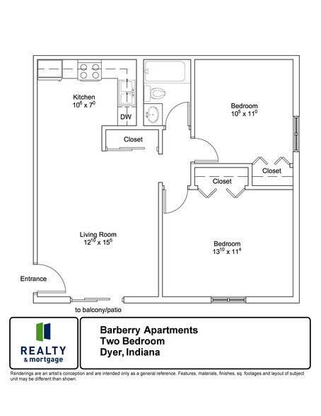 Two Bedroom Floor Plan - Barberry Apartments