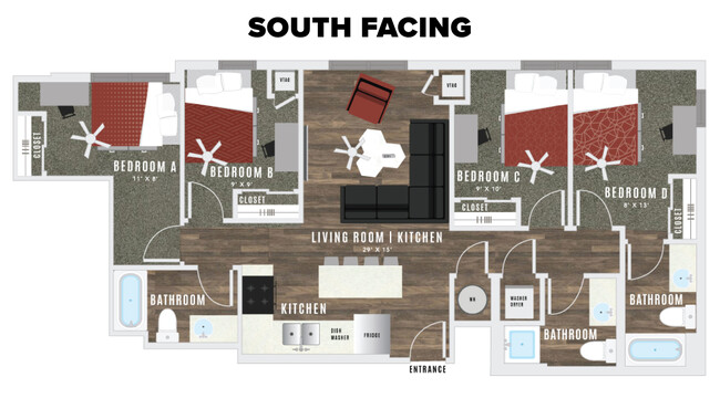 The floor plan above shows the layout of units on the south side of the building (closer to campus) Please click the arrow to see the floorplan that represents the layout on the north side of the building (Closer to A-Mountain). - Atmosphere