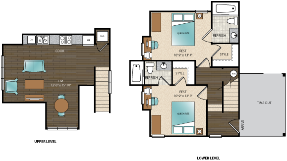 Explore the chic layout featuring an open living space and two restful bedrooms. - Arcadia on the River