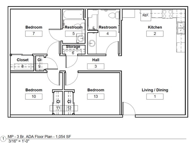 Three Bedroom ADA Floor Plan - Three Sisters Apts - Income Restrictions