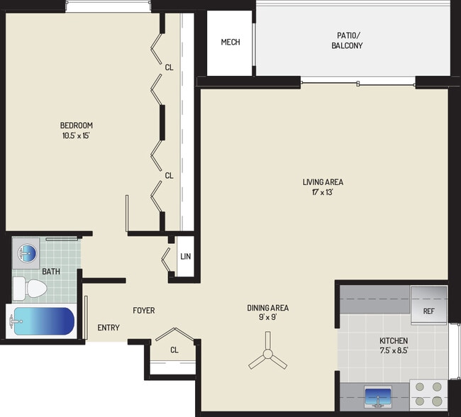1 BR/ 1 BA (Style B1) | 695 sq. ft. - Columbia Park Apartments