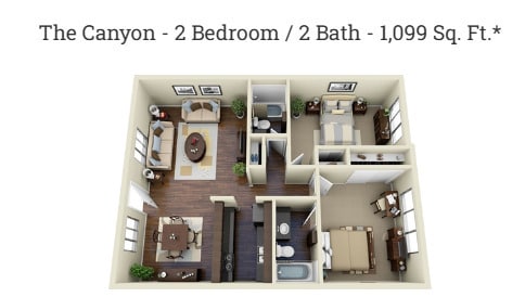 Modern 2-bedroom, 2-bath floorplan offering 1,099 sq ft of comfortable living at evRIA Terraces - Evria Terraces (NEW) Apartments