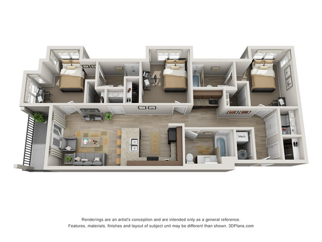 3 bedroom floorplan - 305 Daniel | Student Housing