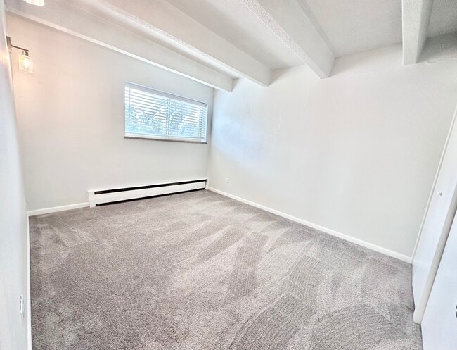 Bright and airy bedroom with soft carpet flooring, large window for natural light, and contemporary light fixture. - Columbine Plaza