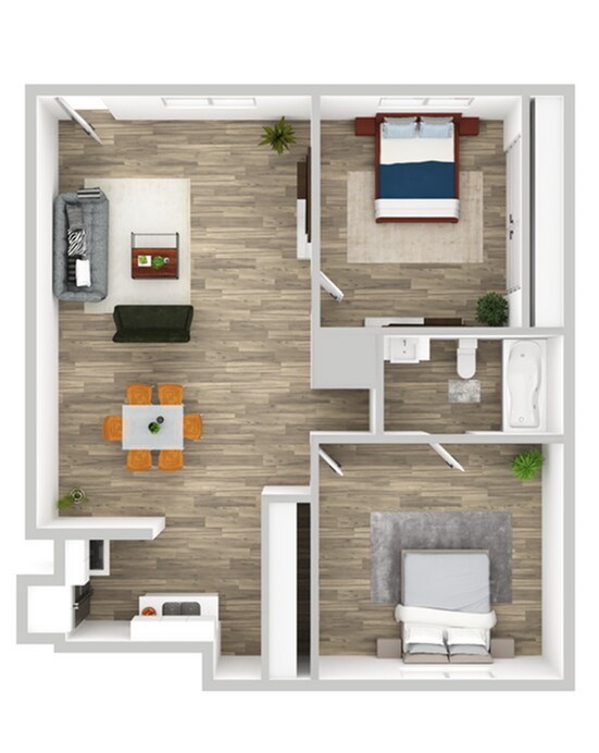 Two-Bedroom One-Bathroom Floor Plan - Panorama Apartments