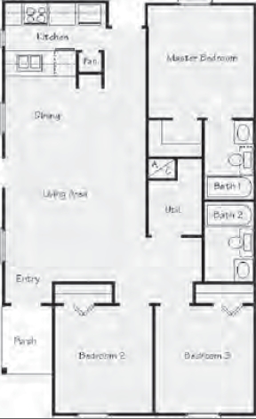 Floor Plan - 3 Bedroom - Hickory Park Duplexes