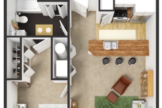 3D Floor Plan - 750 SF - 1BR/1 Bath - Autumn Ridge