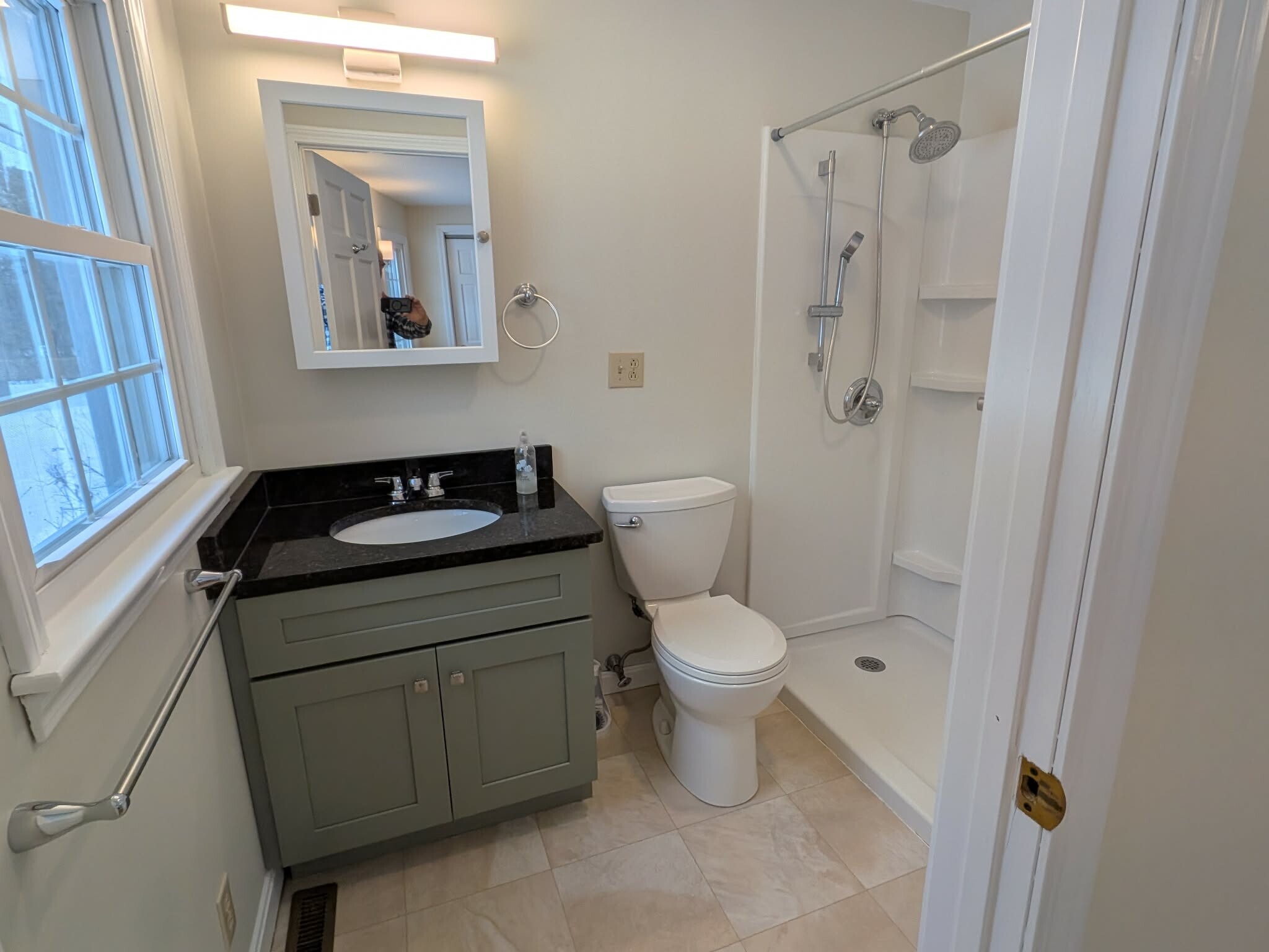 Wide angle view of bathroom with shower. - 217 Bigelow Hill Rd