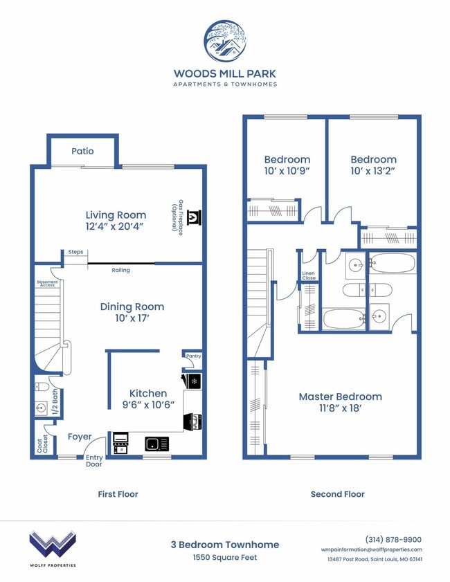Three Bedroom Townhouse w/ Fireplace Remodel 2D Floor Plan - Woods Mill Park Apartments & Townhomes