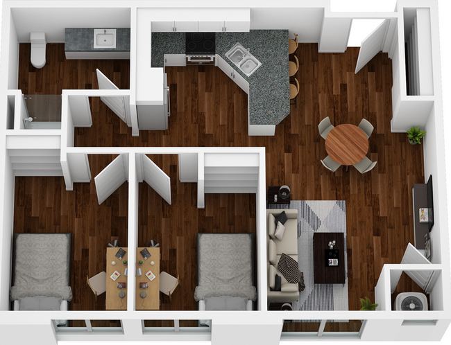 Renovated 2 Bedroom Floor Plan. - Park at 1824 Student Apartments