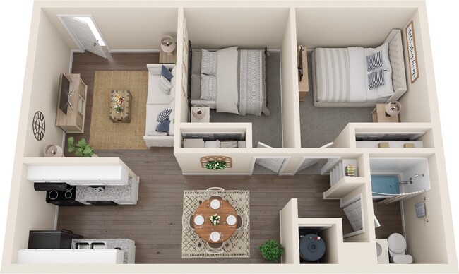 two bedroom one bath 3d floor plan - Magnolia Point