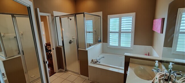 Primary bathroom walk in shower and tub - 3602 Westover Cir