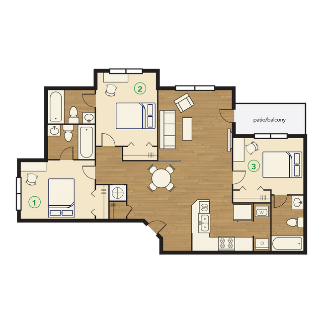 River Club Apartments 3x3 Floor Plan - River Club Apartments