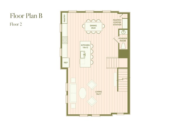 Chic Floor Plan B showcasing a spacious second floor with open-concept kitchen, dining area, and inviting living space, including a powder room and convenient coffee station. - Fenland Townhomes