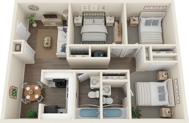 three bedroom two bath 3d floor plan - Magnolia Point