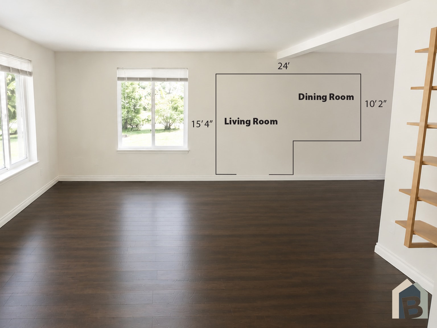 Bright welcoming living room with a view of lawn and mature evergreens - 20981 Port Gamble Rd NE
