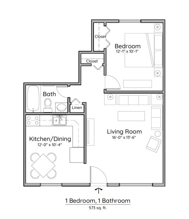 1 Bedroom, 1 Bath Floorplan - Crestone Apartments