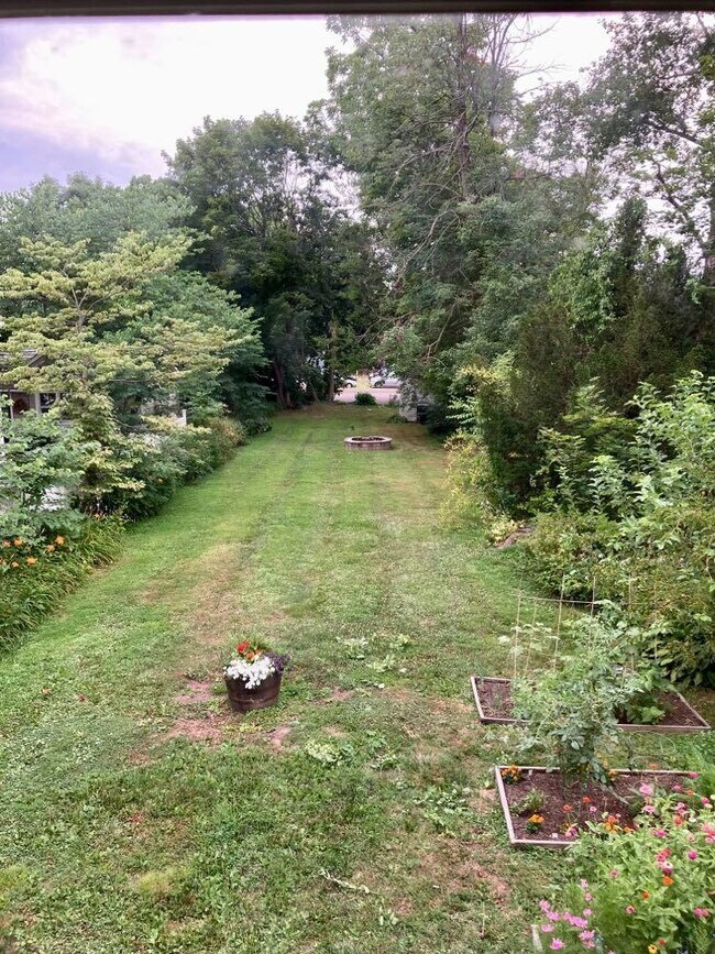 Backyard with fire-pit and shed. - 92 Cottage St