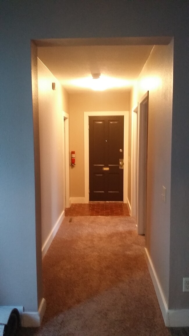 Hallway and front door with new carpet and paint - 723 Chippewa Street