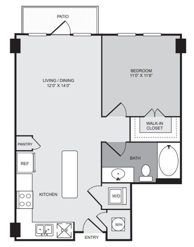 1 bedroom 1 bath apartment with kitchen island, patio, walk in closet and 661 sq ft - Cantabria at Turtle Creek closed