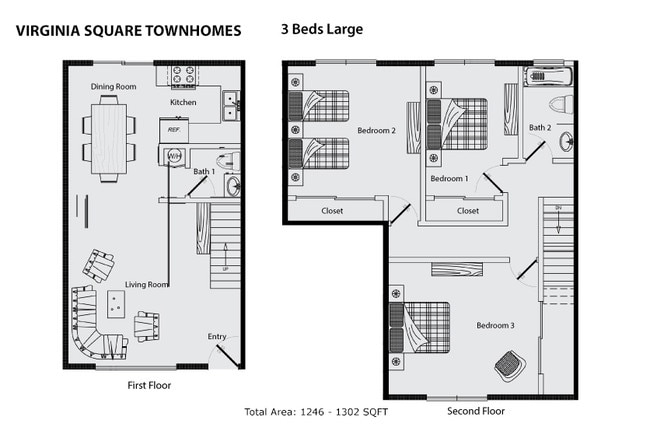 3 Bed Rooms Large 1246 -1302 SQFT - Virginia Square Townhomes